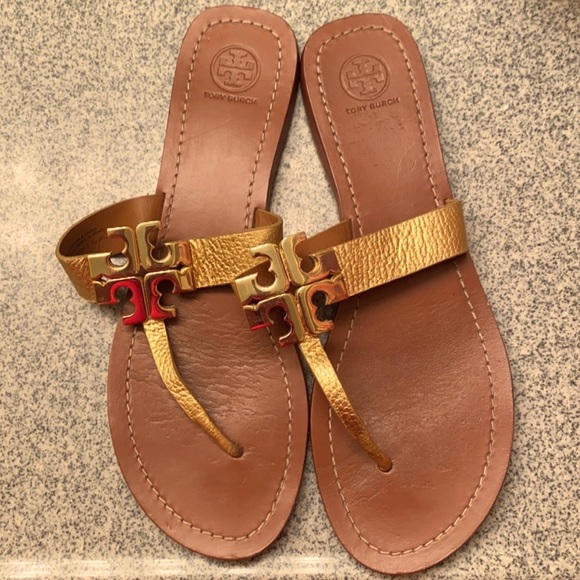 Tory Burch Gold Leather Monroe Sandals - Picture 1 of 7
